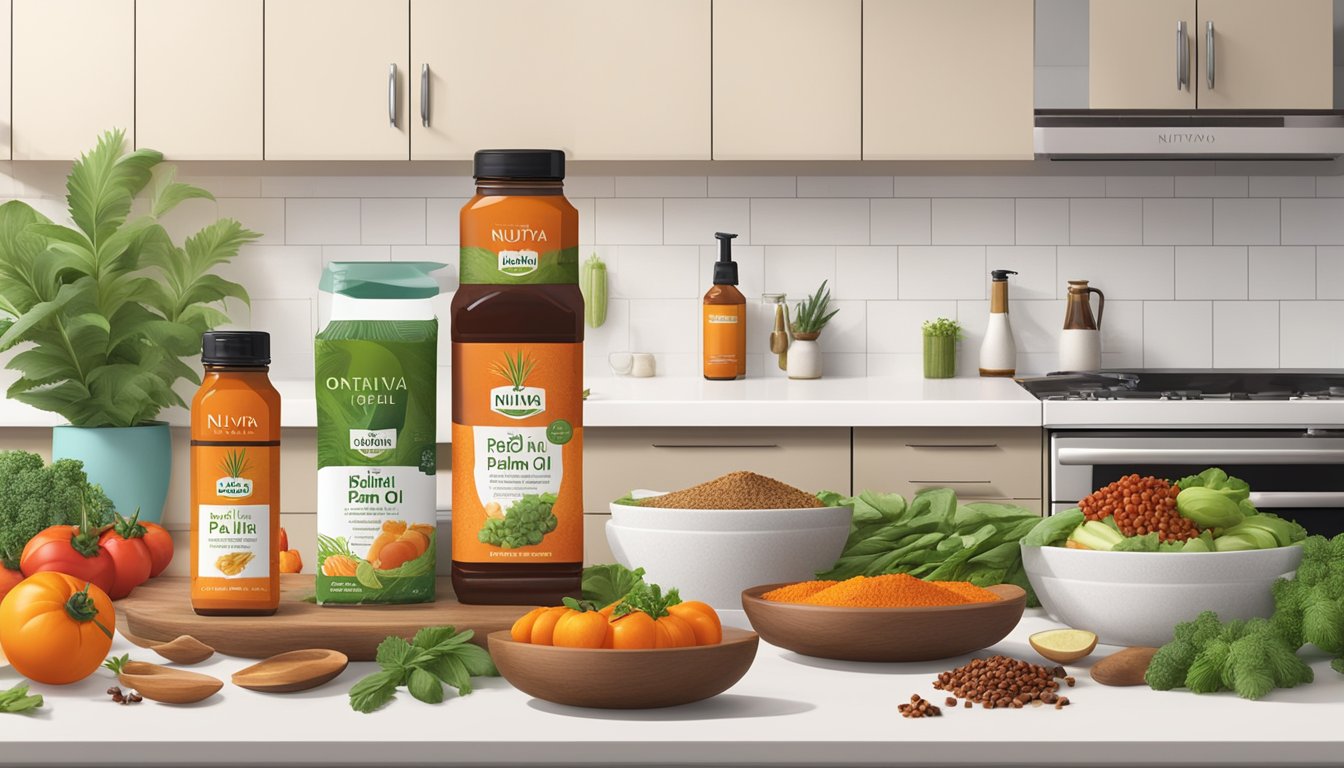 A kitchen counter with a bottle of Nutiva Organic Red Palm Oil surrounded by vibrant, fresh ingredients like vegetables, herbs, and spices