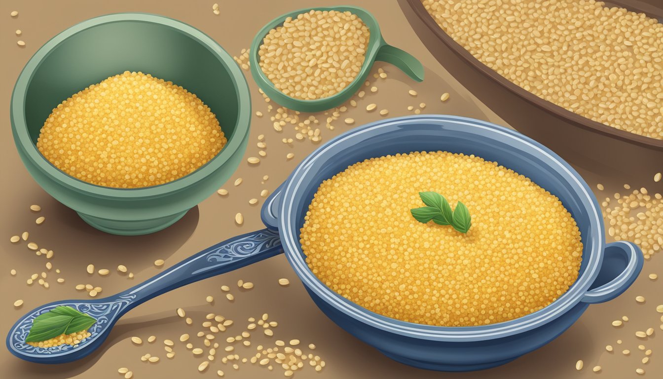 A bowl of plain couscous mix surrounded by scattered grains and a decorative spoon