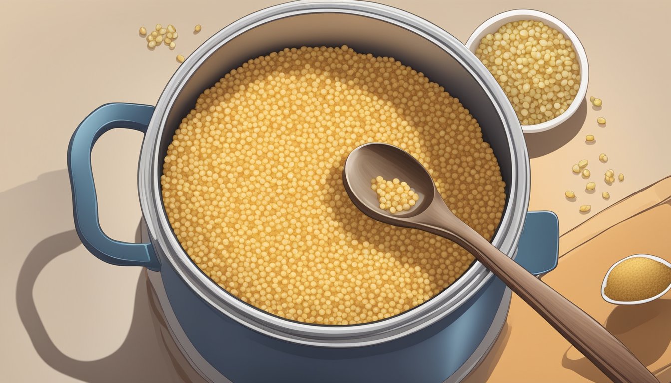 A pot of boiling water with a box of Near East couscous mix next to it, a spoon stirring the grains