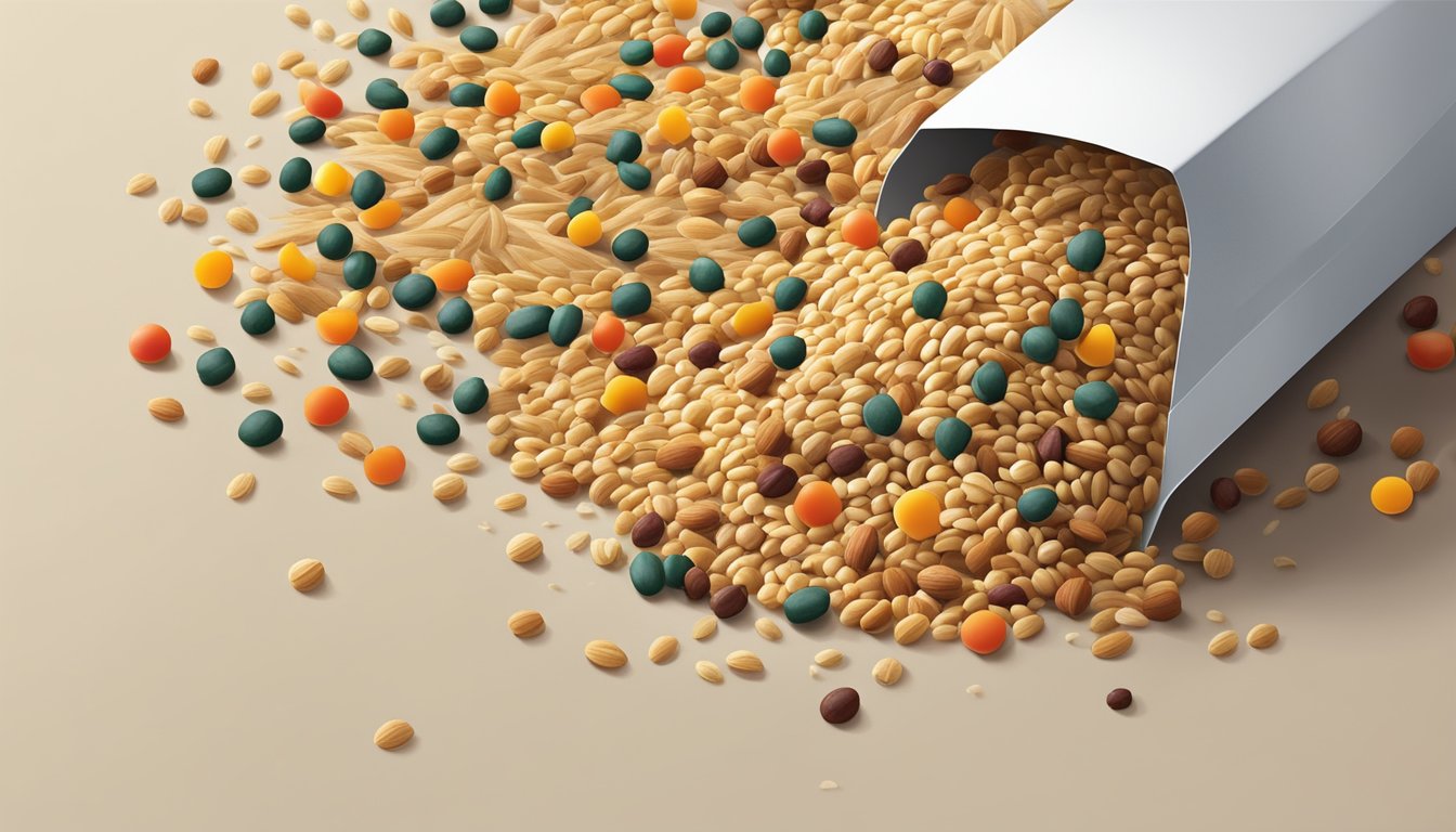 A colorful array of whole grains, dried vegetables, and spices spills out of a package, ready to be mixed and cooked