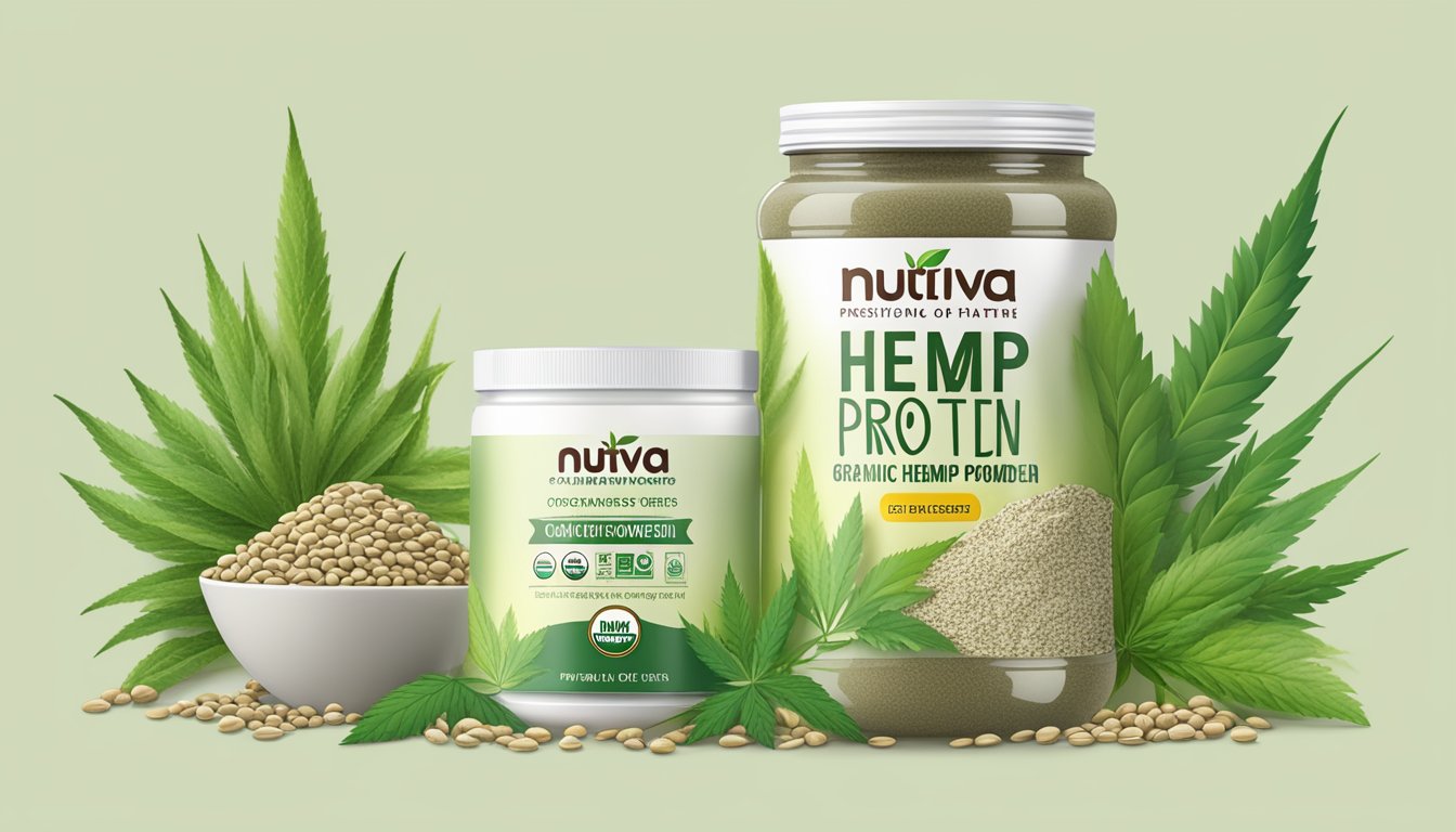 A jar of Nutiva organic hemp protein powder surrounded by hemp plants and seeds