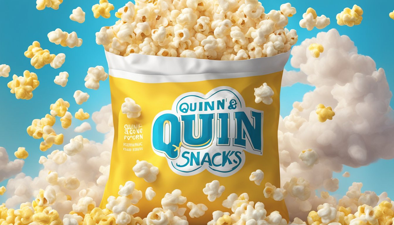 A colorful bag of Quinn Snacks organic microwave popcorn bursts open, releasing a cloud of fluffy, buttery kernels