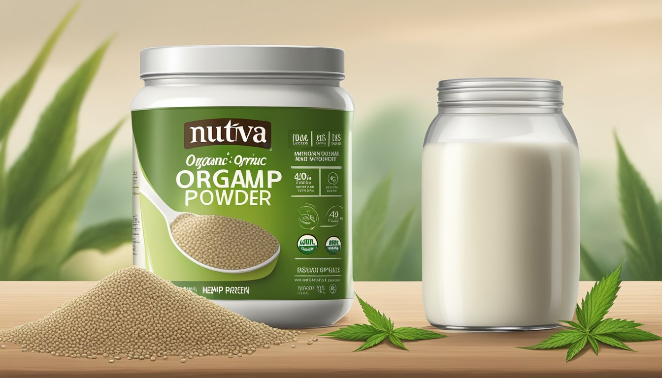 A jar of Nutiva organic hemp protein powder surrounded by hemp seeds, a scoop, and a glass of milk on a wooden table