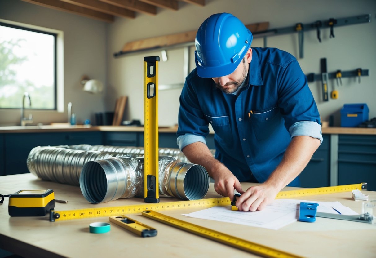 A technician measures and cuts ductwork pieces on a workbench, surrounded by tools and plans. A level and tape measure lay nearby