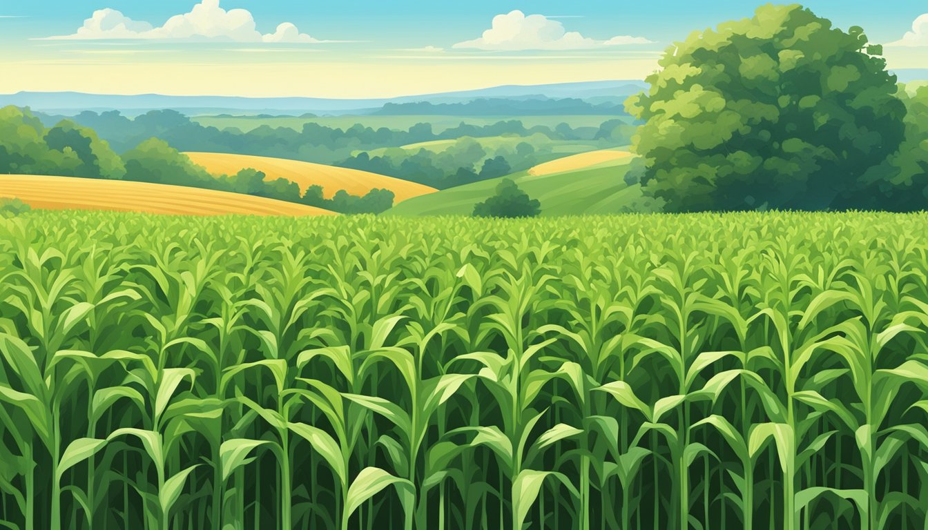 A lush green field with tall, healthy corn stalks under a clear blue sky, surrounded by clean air and a pristine environment