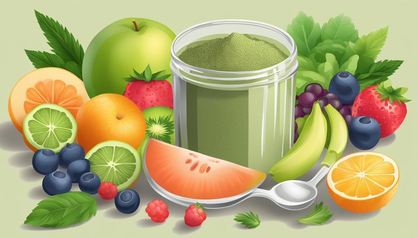 A glass of hemp protein powder mixed with a spoon, surrounded by fresh fruits and vegetables