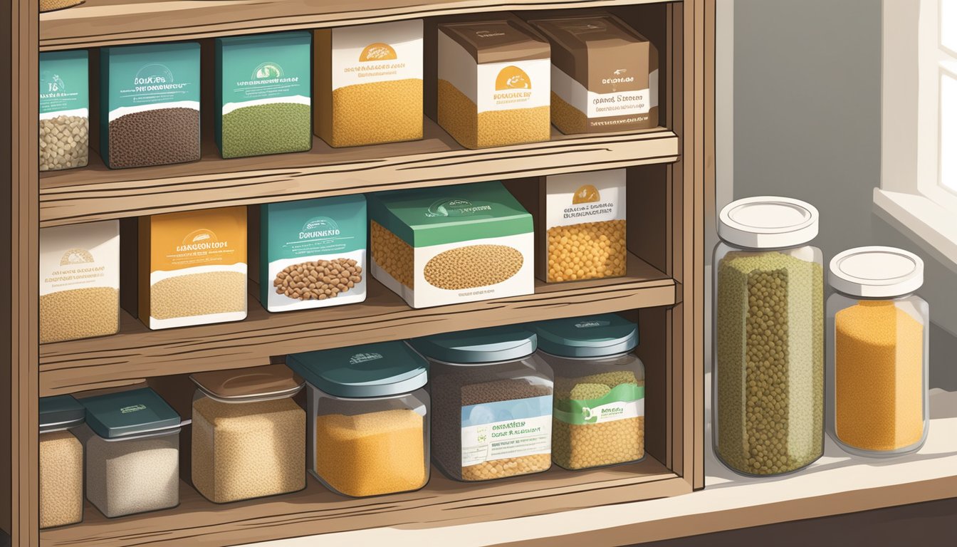 A pantry shelf with a package of East couscous mix, surrounded by other dry food items, with clear storage containers nearby