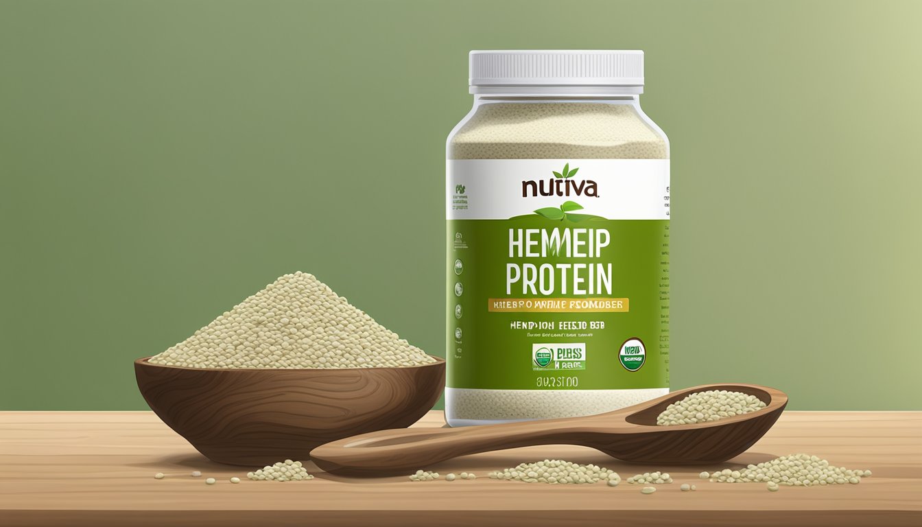 A jar of Nutiva organic hemp protein powder next to a scoop and a handful of hemp seeds on a wooden table