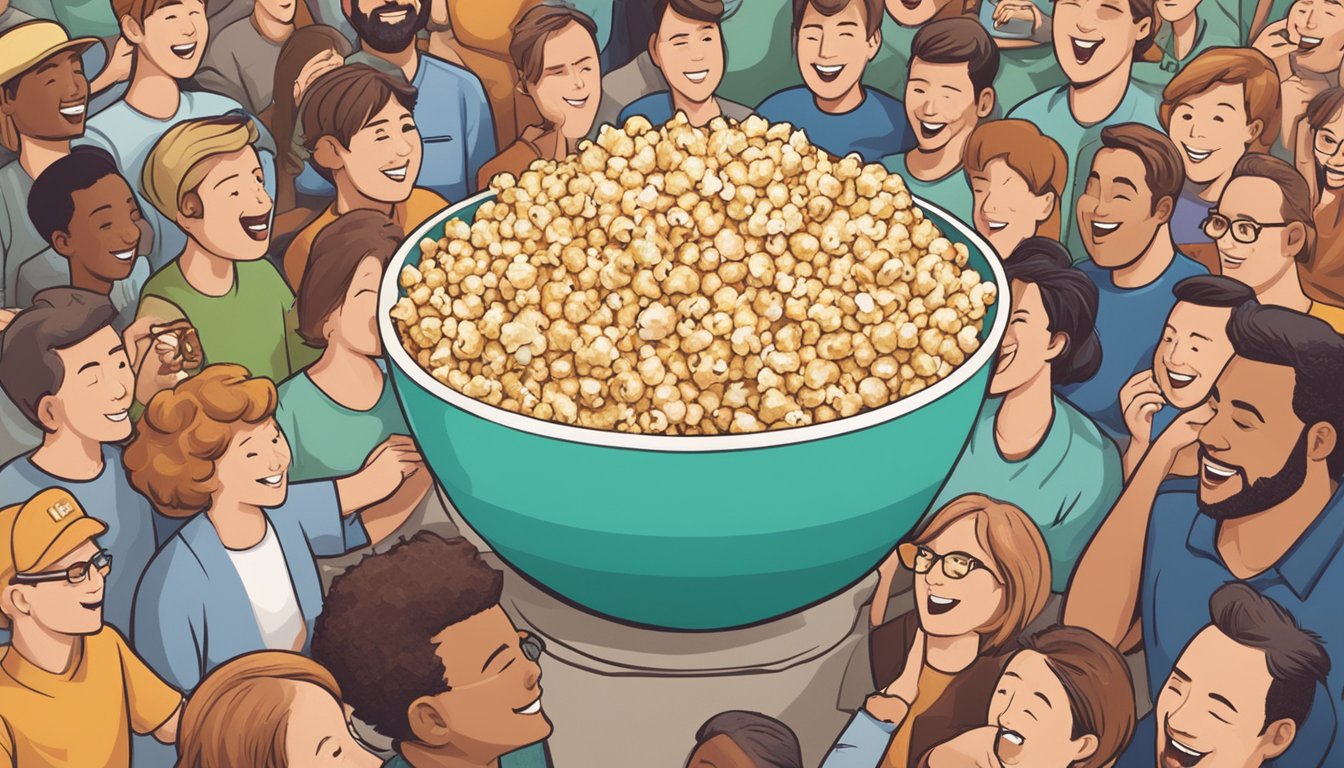 A bowl of Quinn Snacks organic microwave popcorn bursting with kernels, surrounded by happy consumers enjoying the revolutionary snack