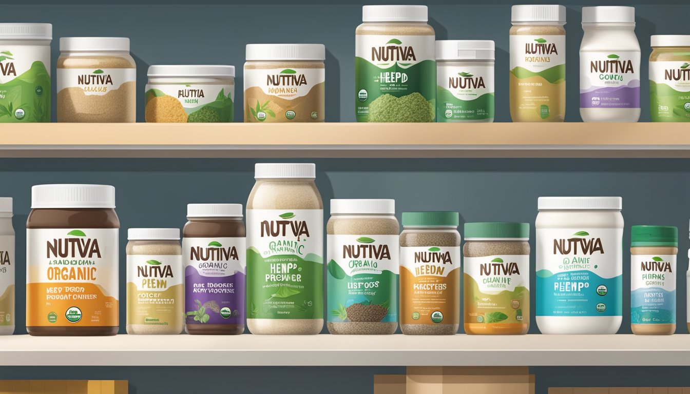 A jar of Nutiva organic hemp protein powder sits on a shelf in a well-lit, modern grocery store. Nearby, other health food products are neatly arranged