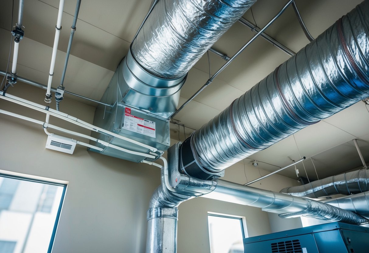 A network of metal ductwork winding through a building, connecting to HVAC units. Various materials such as sheet metal, fiberglass, and flexible ducts are visible