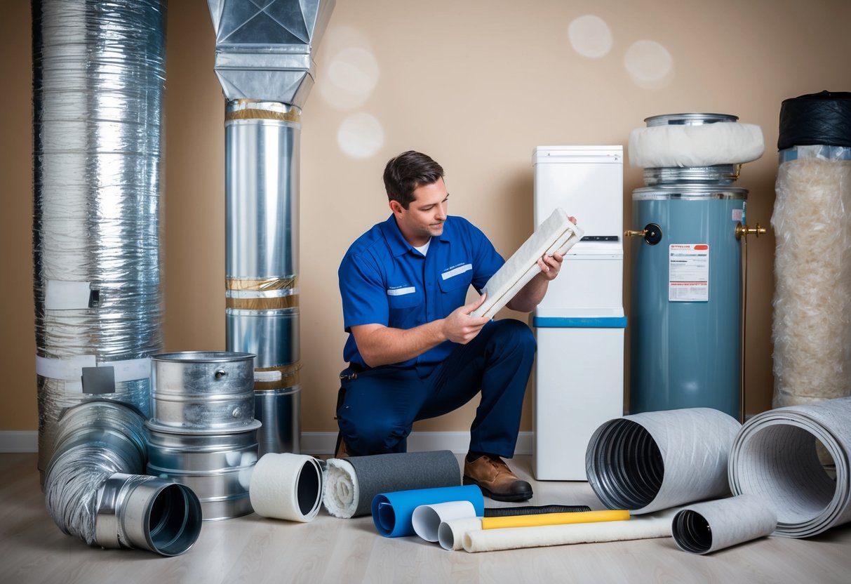 A technician selecting ductwork materials for HVAC installation, surrounded by various types of ducts and insulation