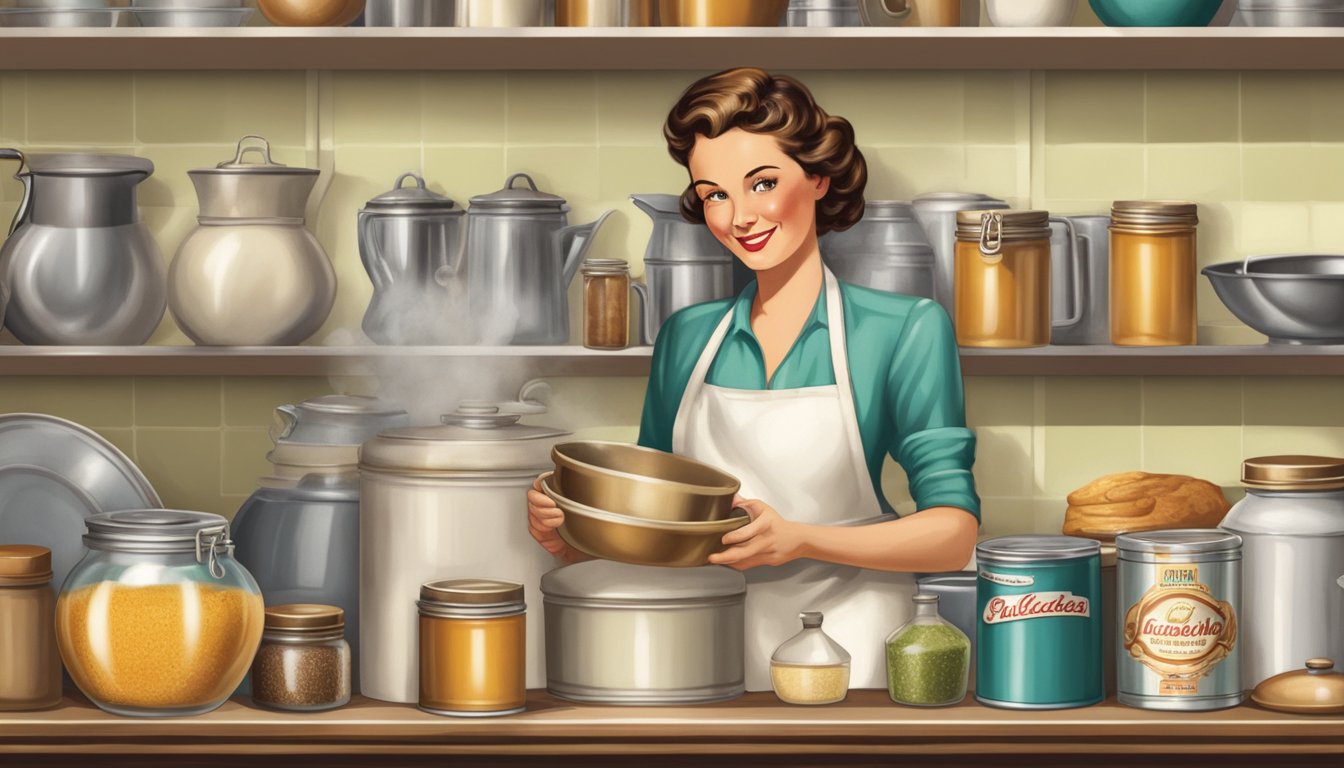 A vintage kitchen with a prominent Clabber Girl Double Acting Baking Powder tin displayed on a shelf, surrounded by baking ingredients and utensils