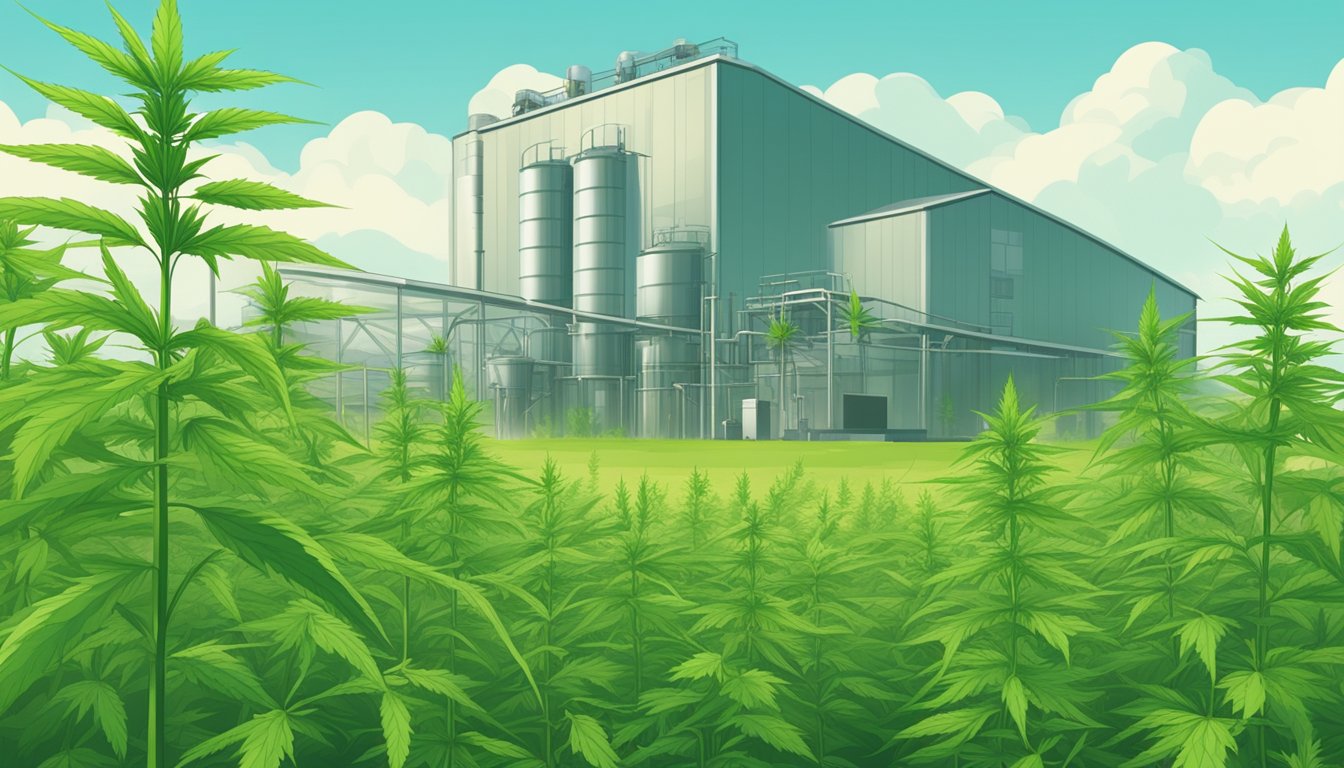 A lush field of hemp plants swaying in the breeze, with a modern, eco-friendly processing facility in the background