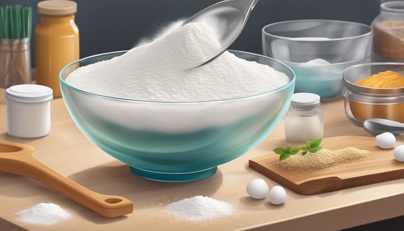 A clear glass bowl filled with white powder, surrounded by various ingredients and baking utensils on a kitchen counter