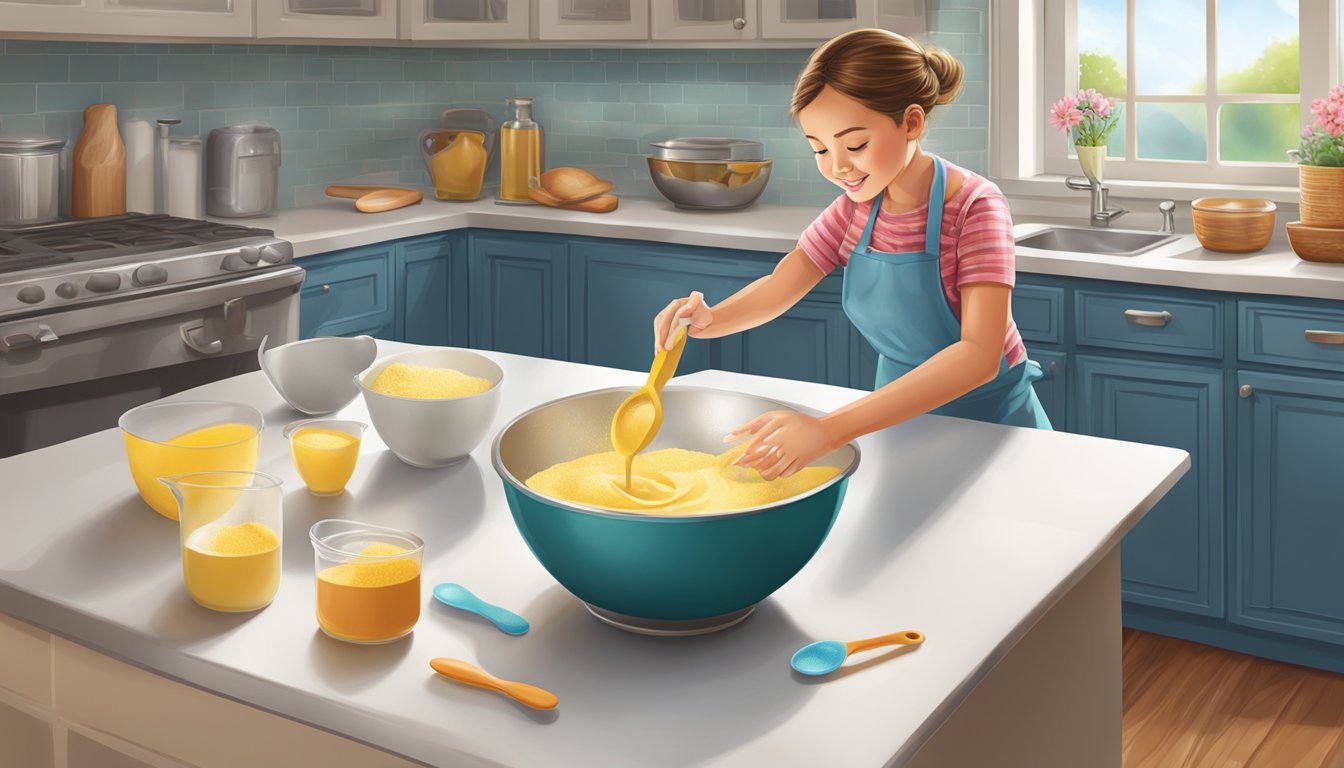 A measuring spoon pouring Clabber Girl baking powder into a mixing bowl