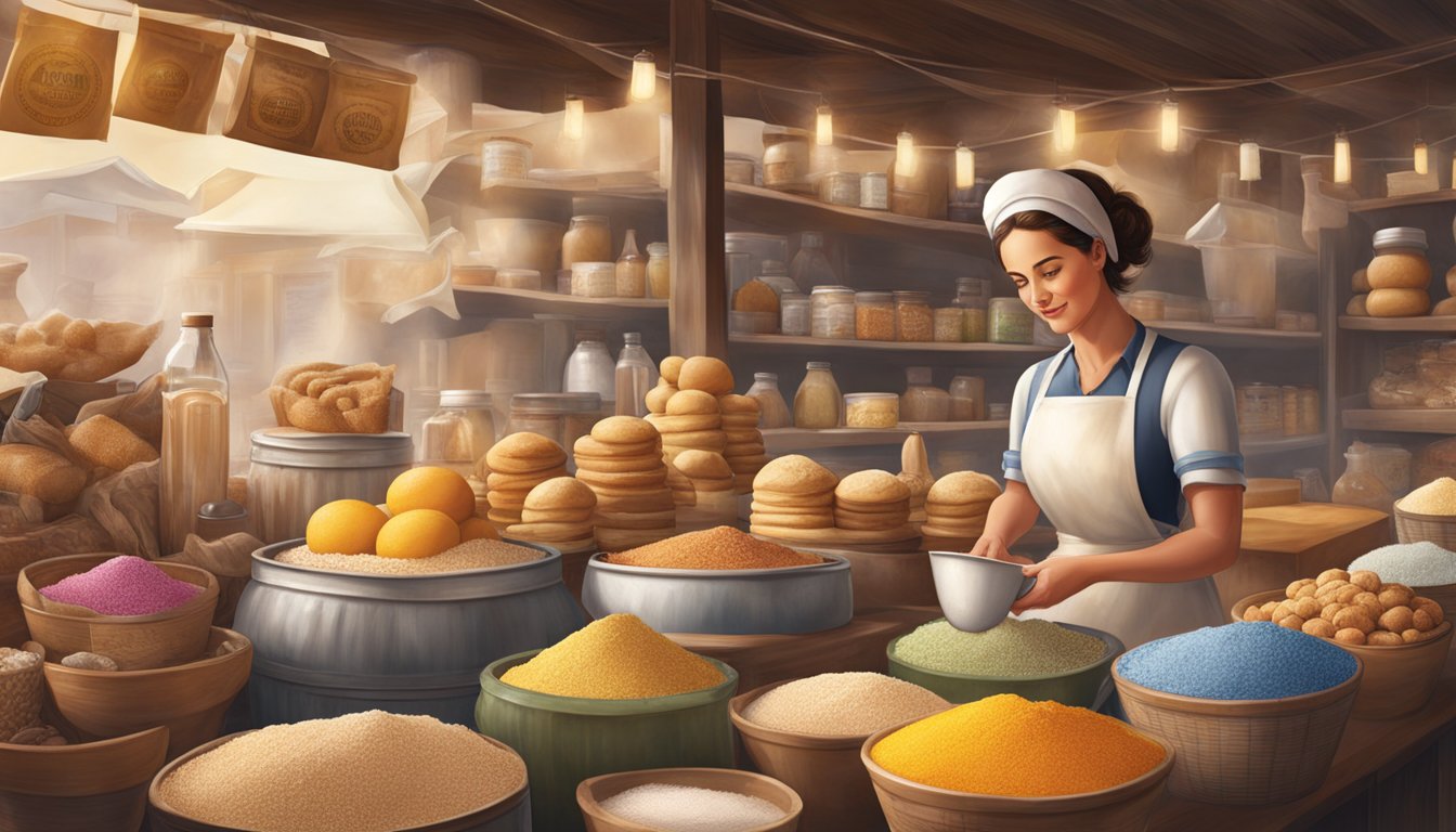 A bustling market stall displays Clabber Girl double acting baking powder among various other baking products