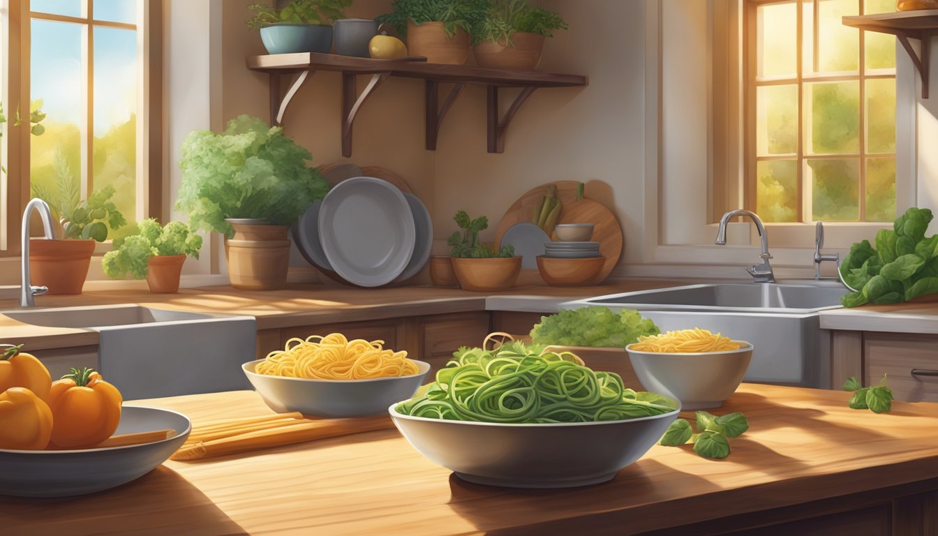 A rustic kitchen table with a bowl of Kamut Eden organic pasta spirals surrounded by fresh vegetables and herbs. Sunlight streams through a nearby window, casting a warm glow on the scene