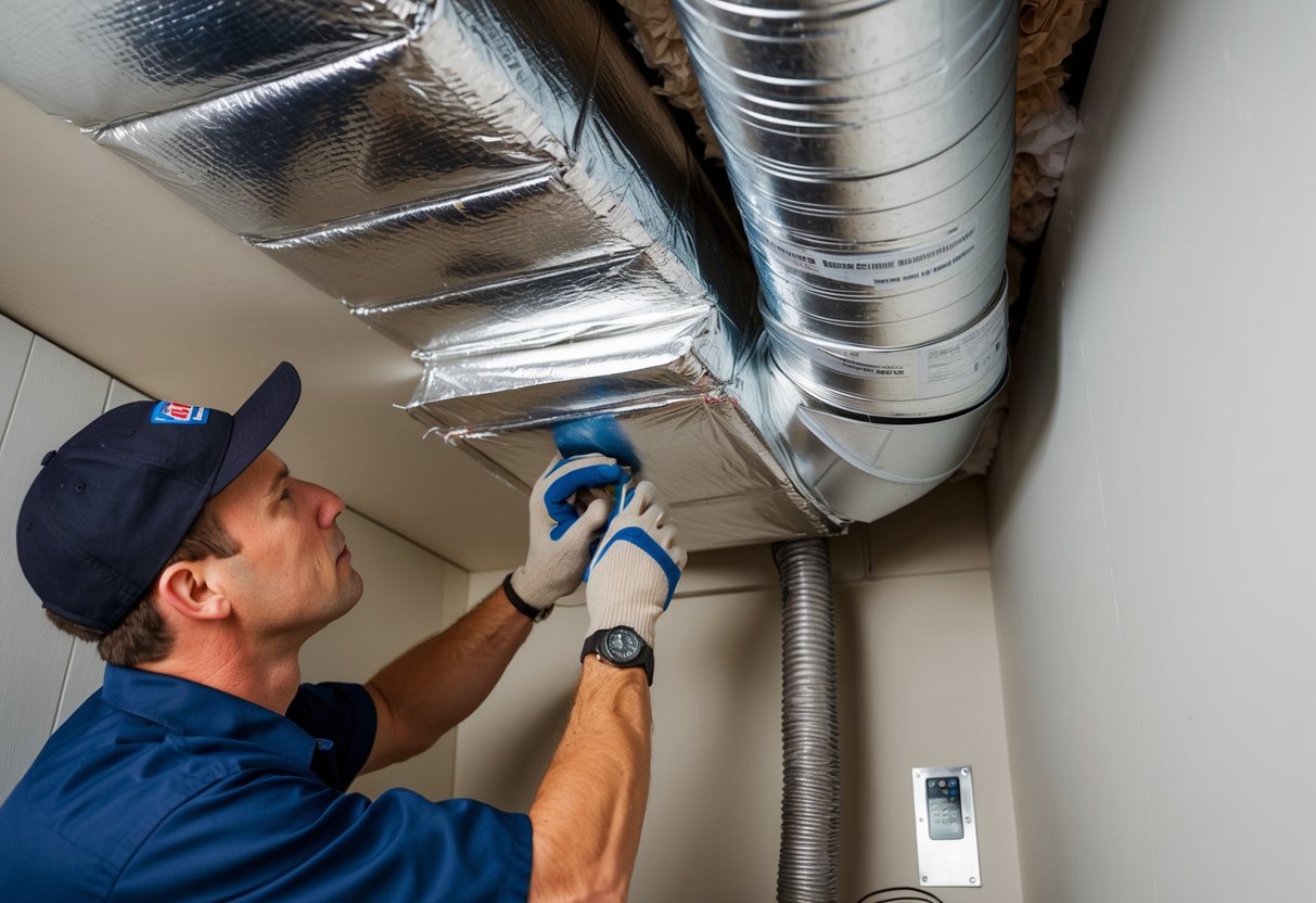 A technician insulating HVAC ductwork with foil-faced fiberglass insulation in a tight, enclosed space