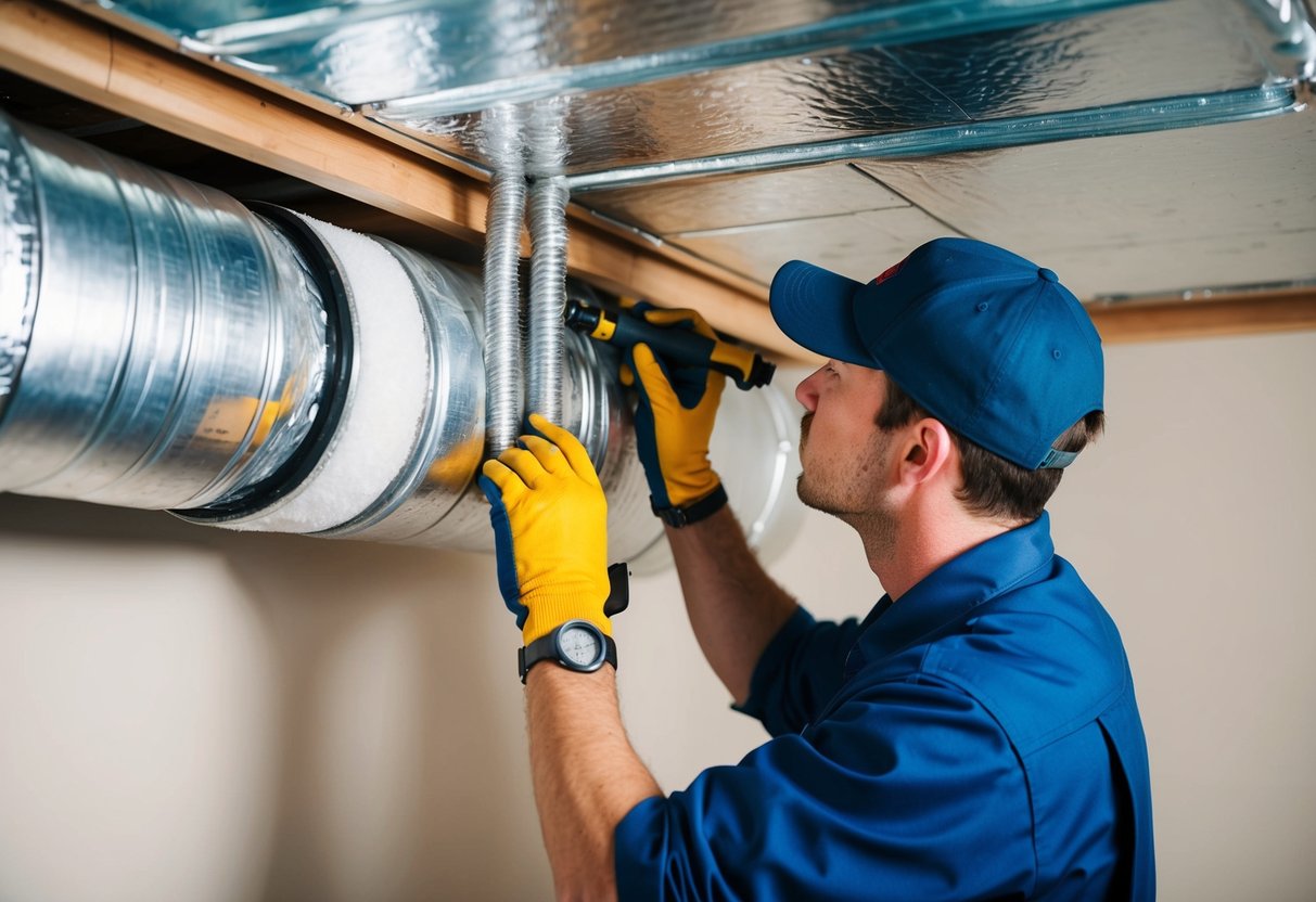 A technician insulating HVAC ductwork with precision and care, using specialized tools and materials