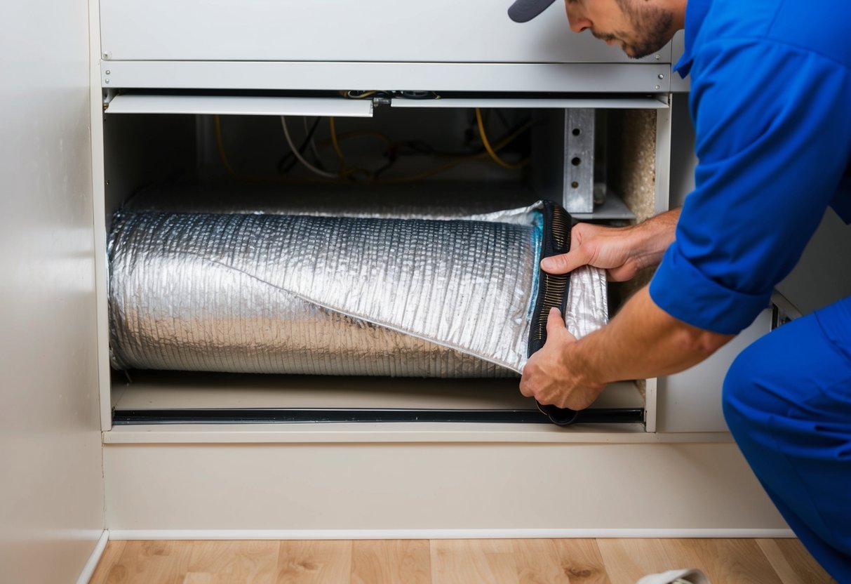 A technician carefully wraps insulated material around a section of HVAC ductwork, ensuring a snug and secure fit for maximum efficiency and comfort