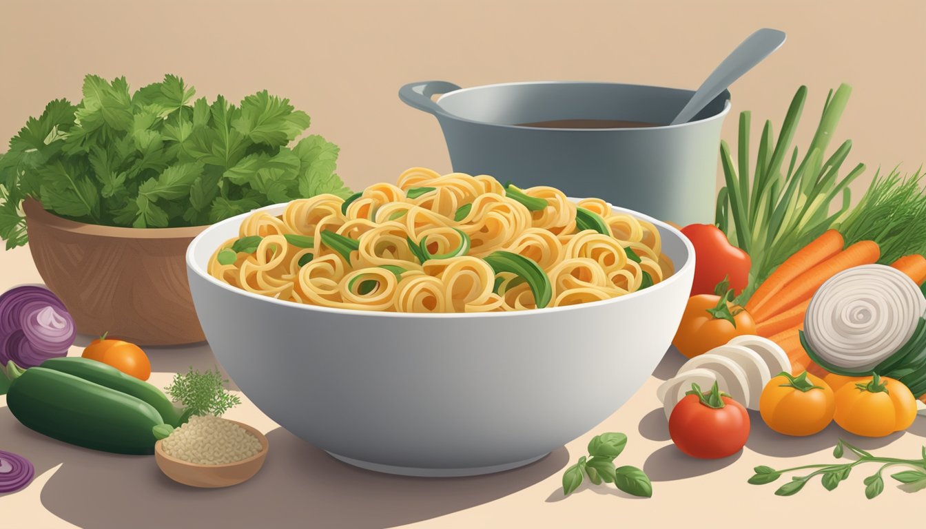 A bowl of cooked kamut spirals surrounded by various fresh vegetables and herbs, with a jar of Eden Organic pasta sauce in the background