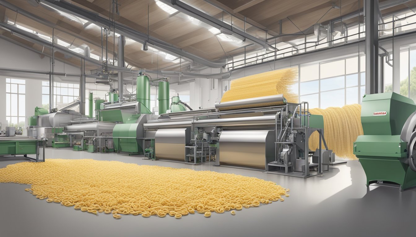 A modern factory with large machines producing kamut spirals for Eden Organic Pasta Company