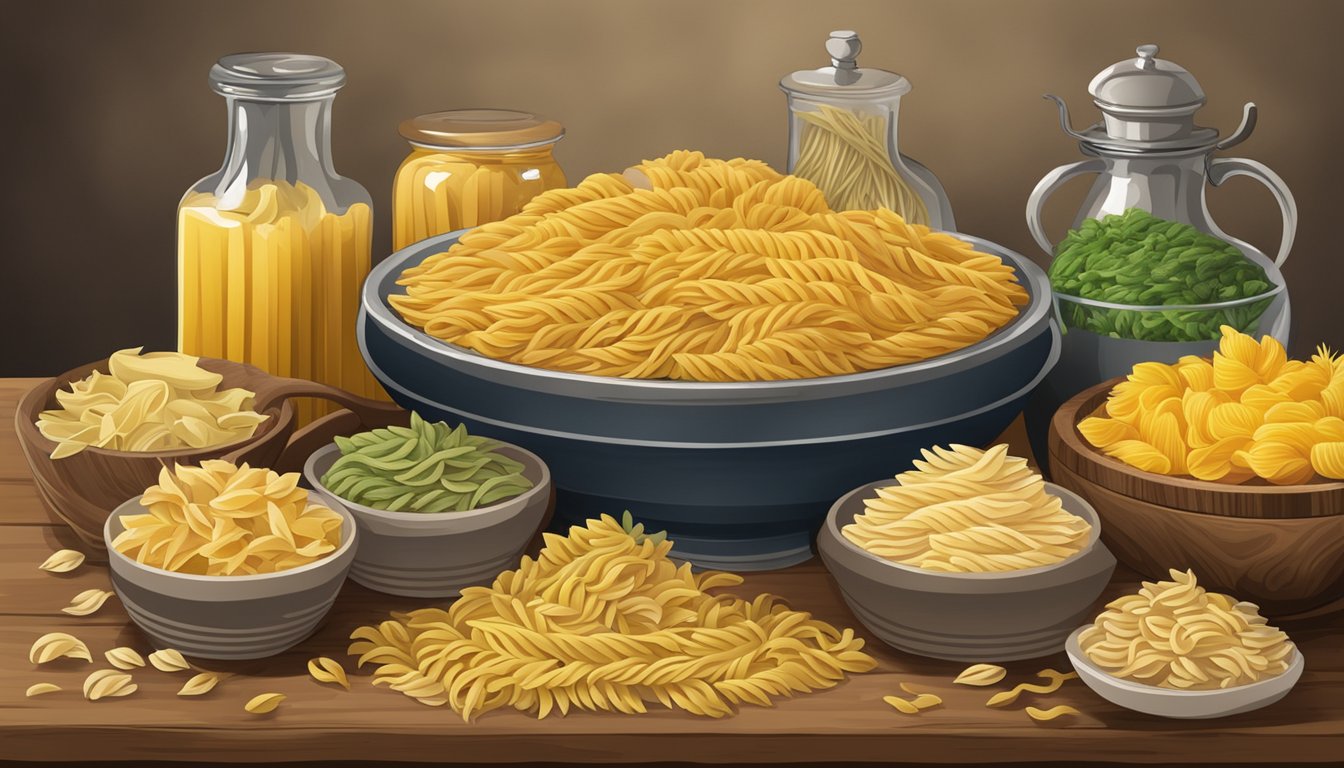 A colorful array of Kamut pasta varieties arranged in a rustic kitchen setting