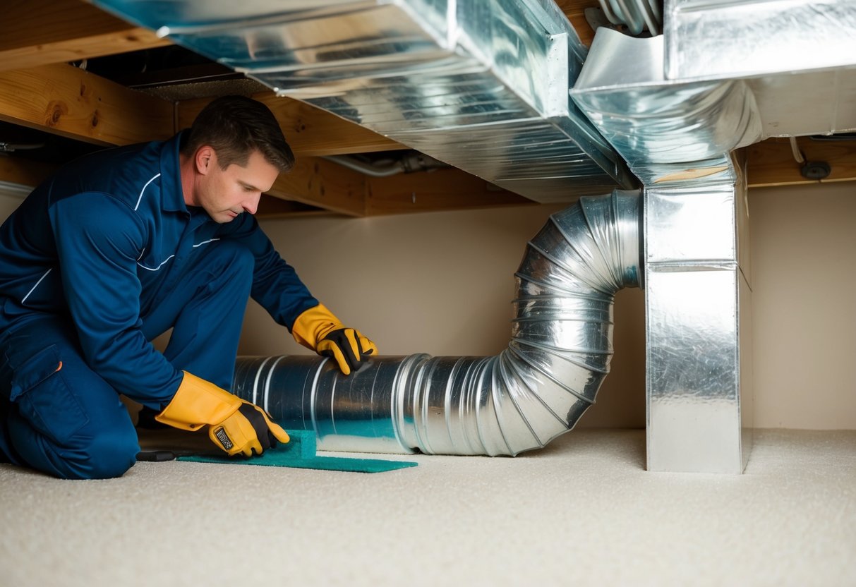 A technician sealing and insulating ductwork in a residential basement to improve energy efficiency