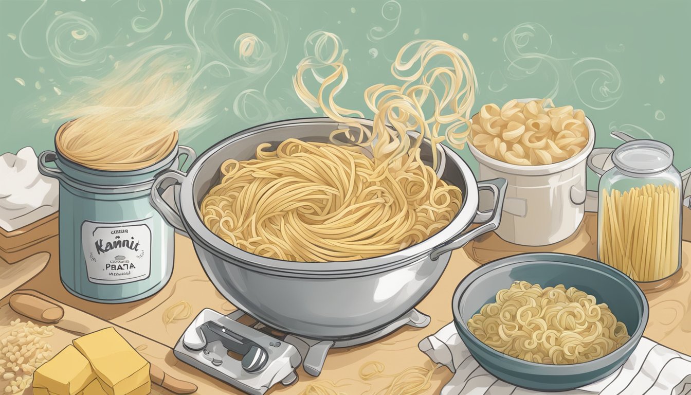 A pot of boiling water with kamut spirals pasta being added, steam rising. Ingredients scattered around, including Eden Organic Pasta Company packaging