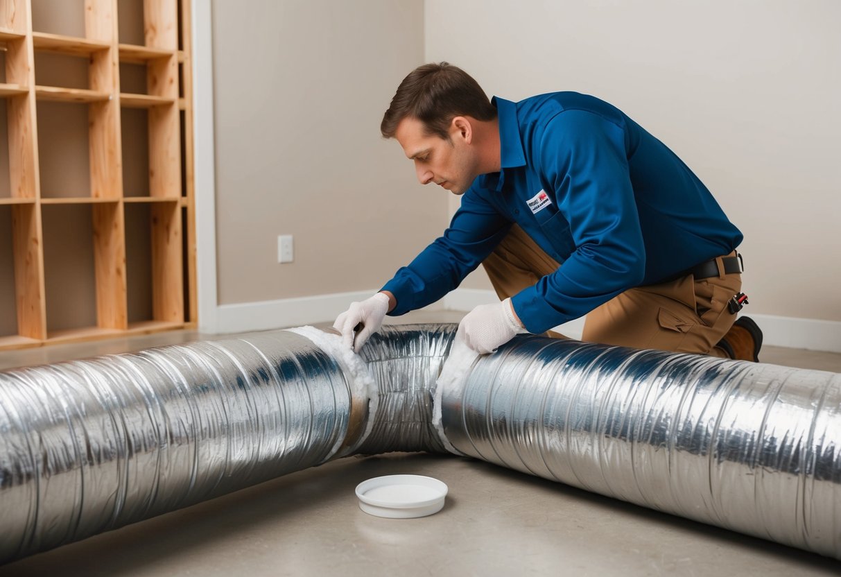 A technician sealing air leaks in ductwork with insulation and sealant to improve energy efficiency