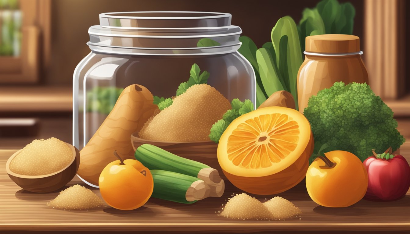 A glass jar filled with Organic Light Brown Sugar surrounded by fresh fruits and vegetables on a wooden kitchen counter