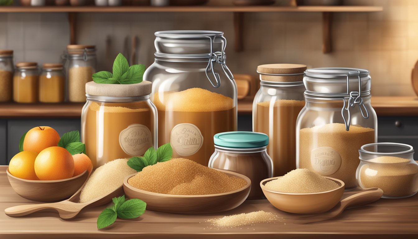 A rustic kitchen counter with jars of organic light brown sugar, surrounded by fresh fruits and baking ingredients