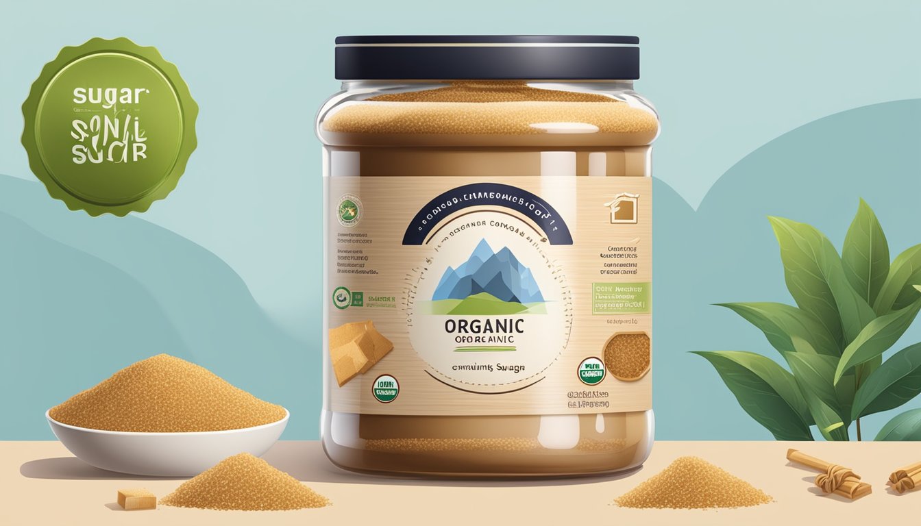 A jar of organic light brown sugar surrounded by various certification and standards logos and symbols