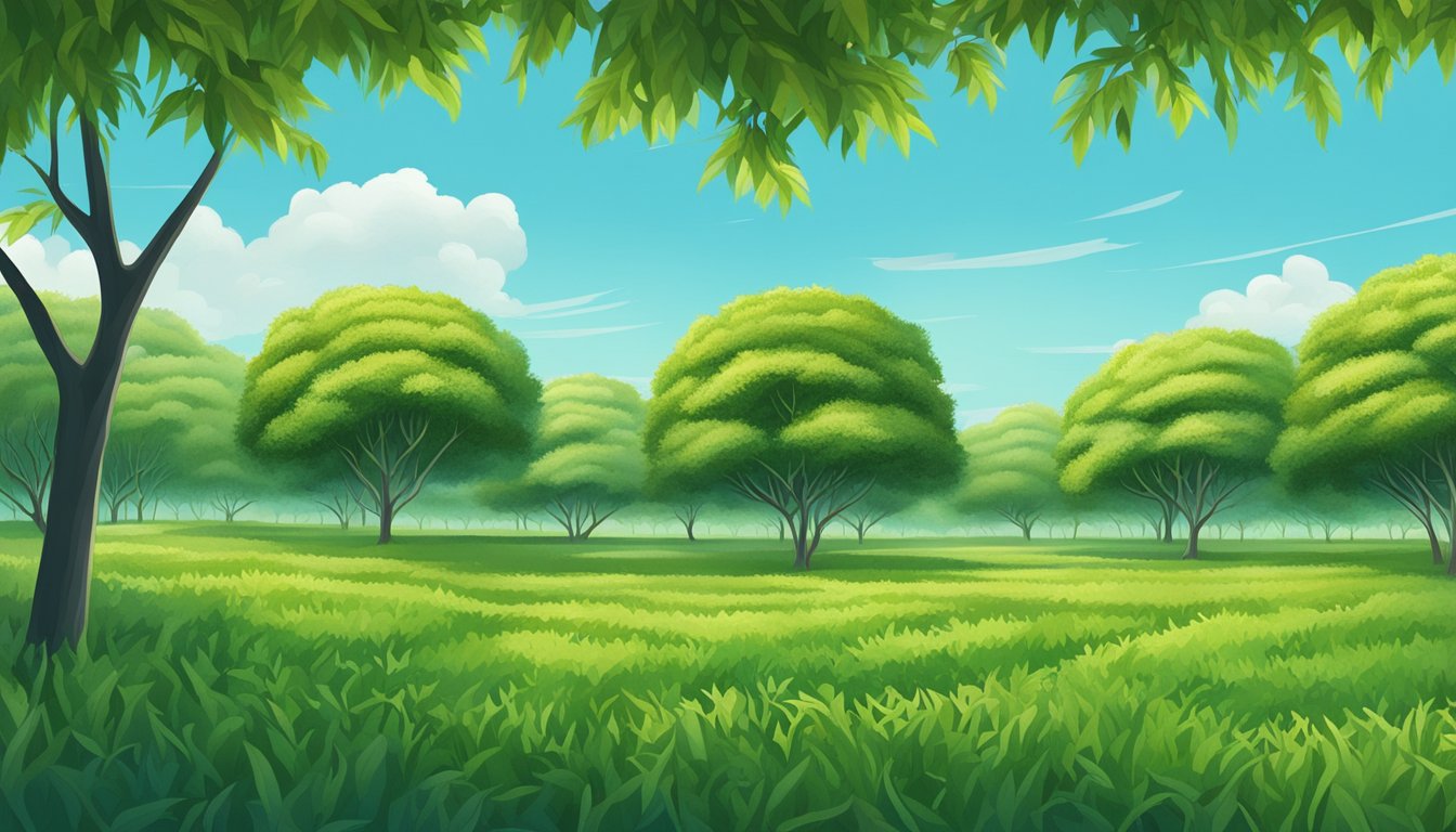 A field of lush, green cinnamon trees under a clear blue sky