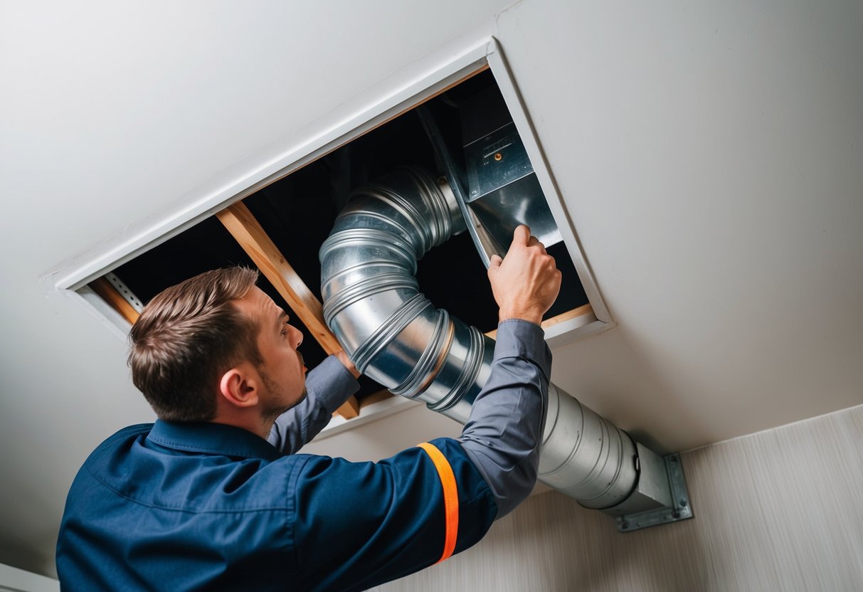 A technician struggles to fit ductwork into a tight space, causing bends and kinks. Incorrect measurements and poor planning are evident in the chaotic installation