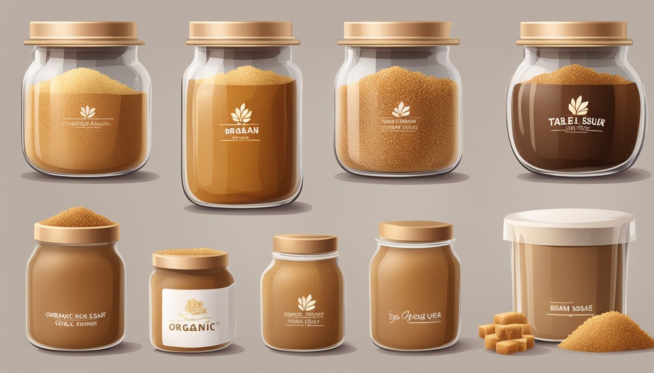 A table with various jars of organic light brown sugar, each with different packaging and labels