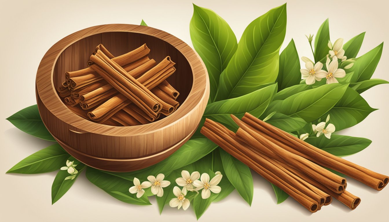 A rustic wooden bowl filled with fragrant Ceylon cinnamon sticks, surrounded by vibrant green cinnamon leaves and blossoms