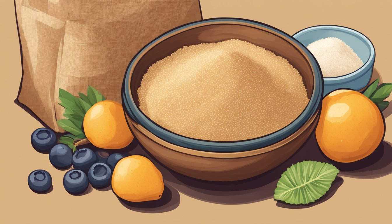 A bag of Wholesome Organic Light Brown Sugar sits next to a bowl of fresh fruit, with a measuring cup pouring the sugar into the bowl