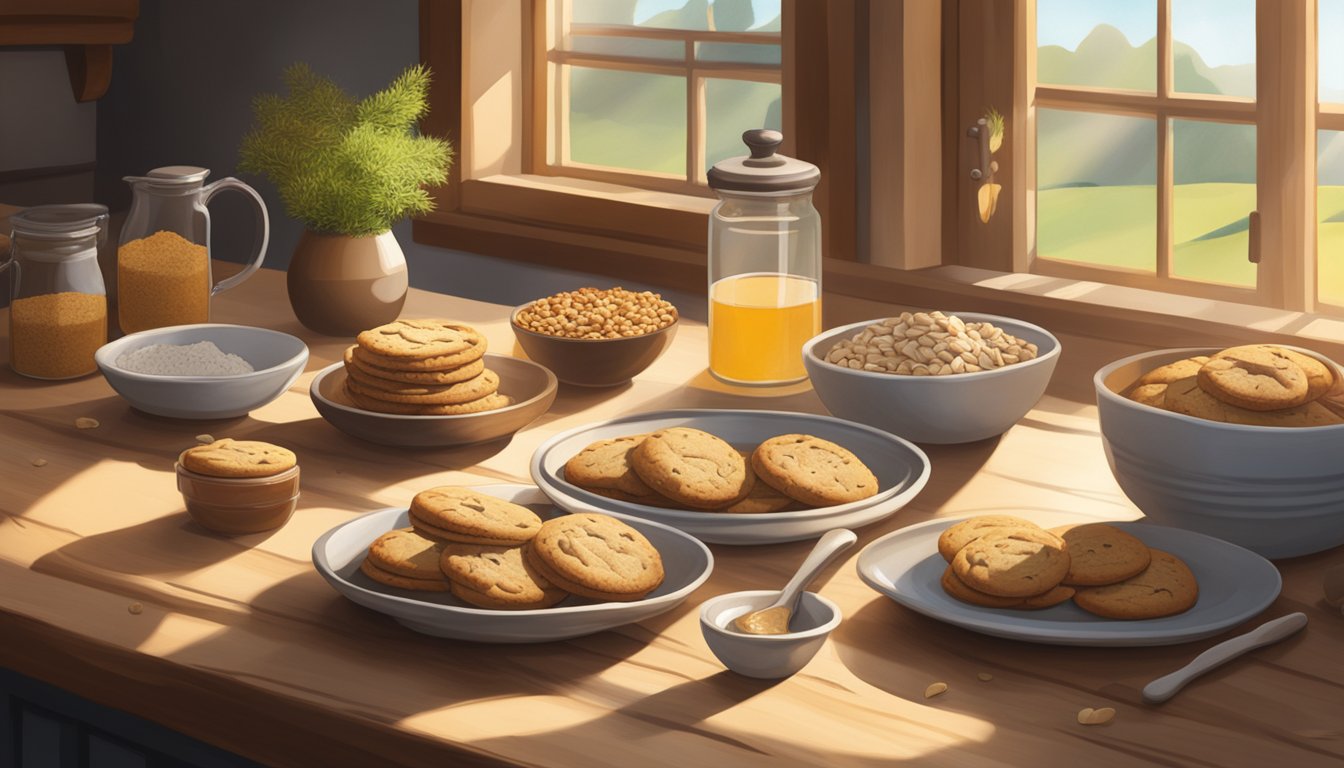 A rustic kitchen table displays a plate of jovial organic einkorn cookies surrounded by fresh ingredients like whole grain flour, honey, and nuts. Sunlight streams through a nearby window, casting a warm glow over the scene