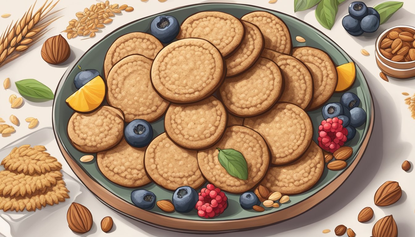 A plate of Jovial organic einkorn cookies surrounded by fresh ingredients like whole grains, nuts, and fruits, emphasizing their nutritional benefits