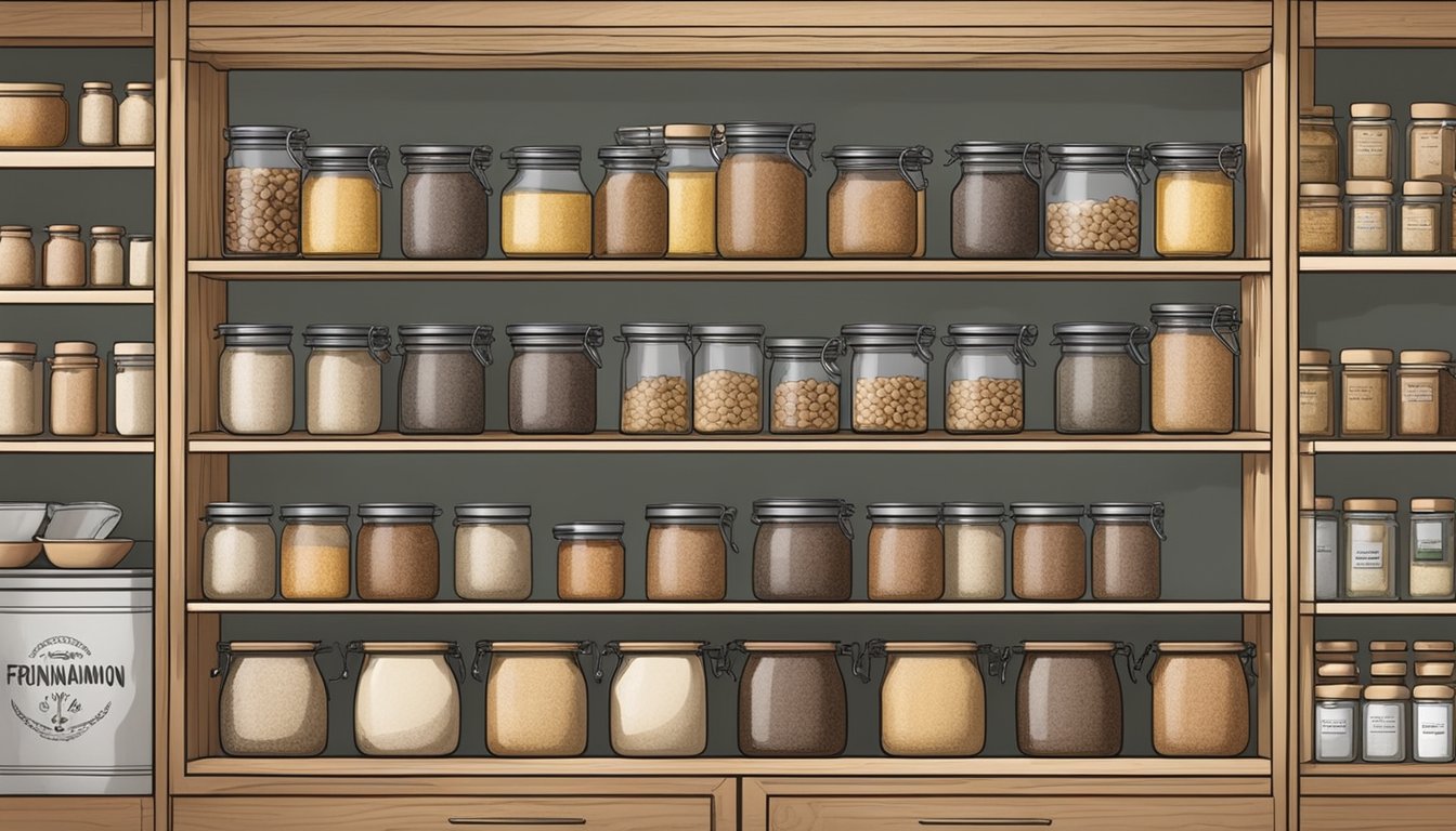 A rustic kitchen pantry with neatly organized shelves of frontier co op organic ceylon cinnamon jars and containers, with a label indicating storage and usage guidelines