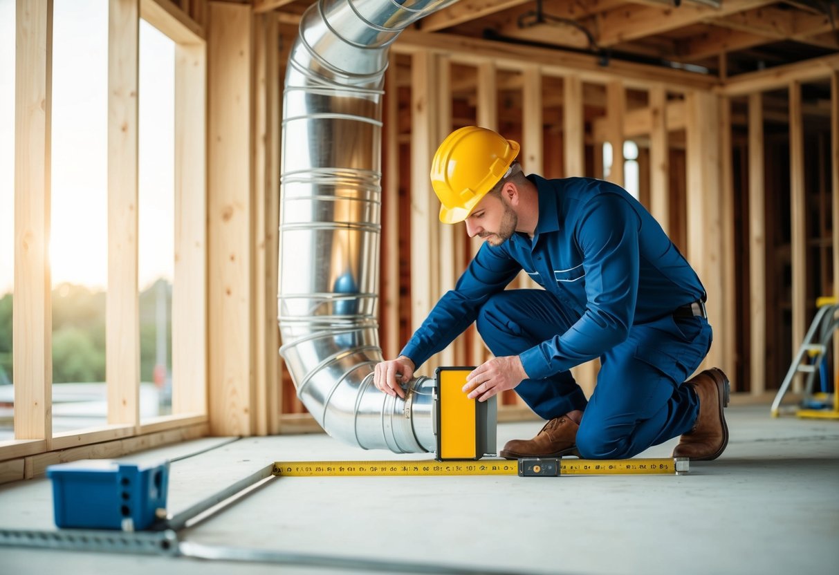 A technician measuring and planning ductwork layout in a construction site