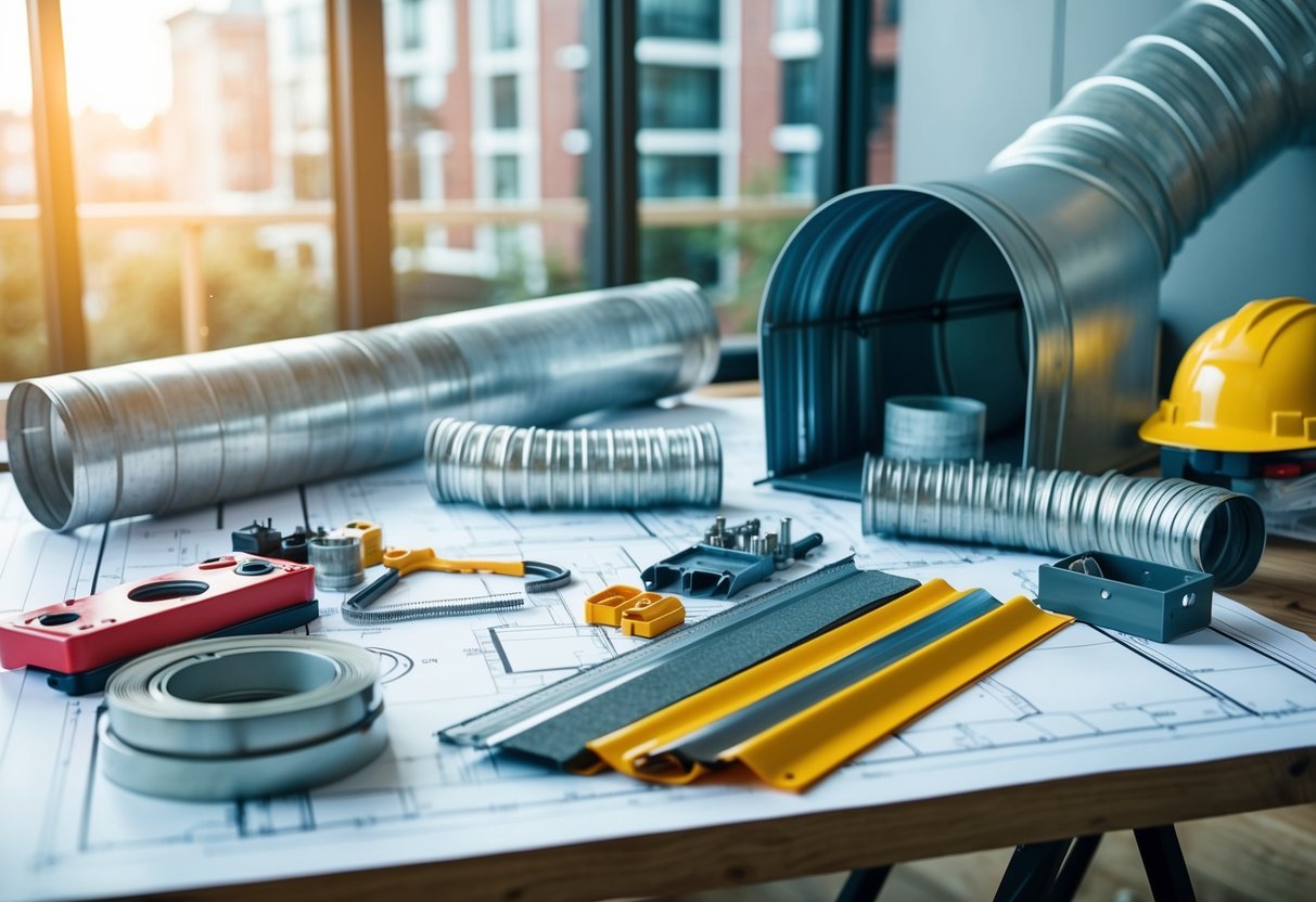 A blueprint of a building with detailed ductwork plans, various types of duct materials, and installation tools and components laid out on a work table