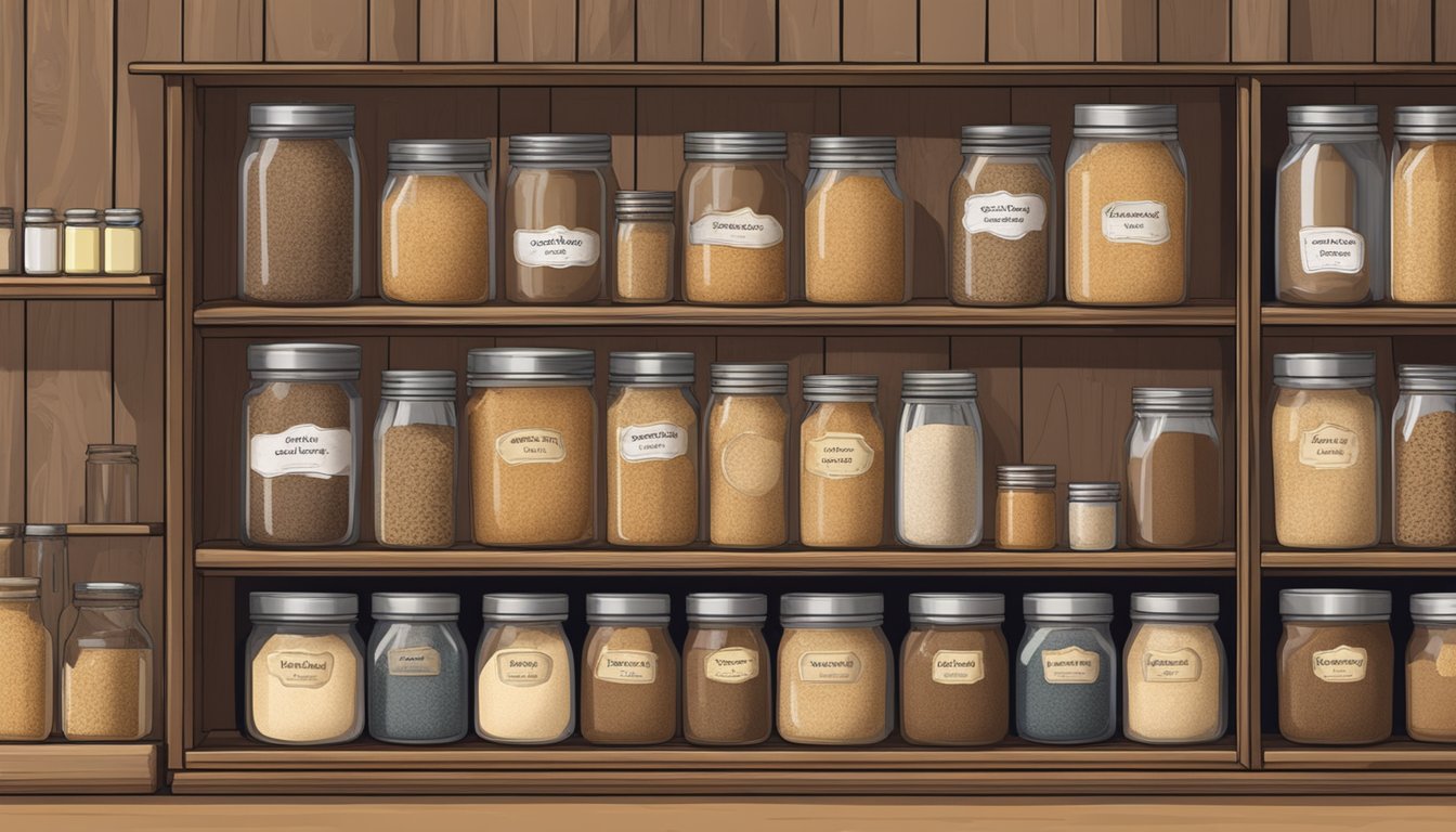 A rustic kitchen pantry shelf with jars of organic light brown sugar and a sign indicating availability and purchasing options