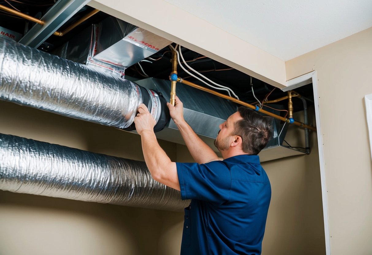 A technician installs new ductwork into an existing HVAC system, connecting the metal pipes and sealing the joints with insulation