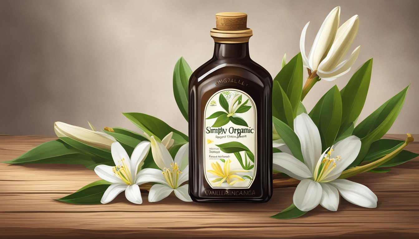 A bottle of Simply Organic Madagascar Pure Vanilla Extract surrounded by vanilla beans and flowers on a rustic wooden table