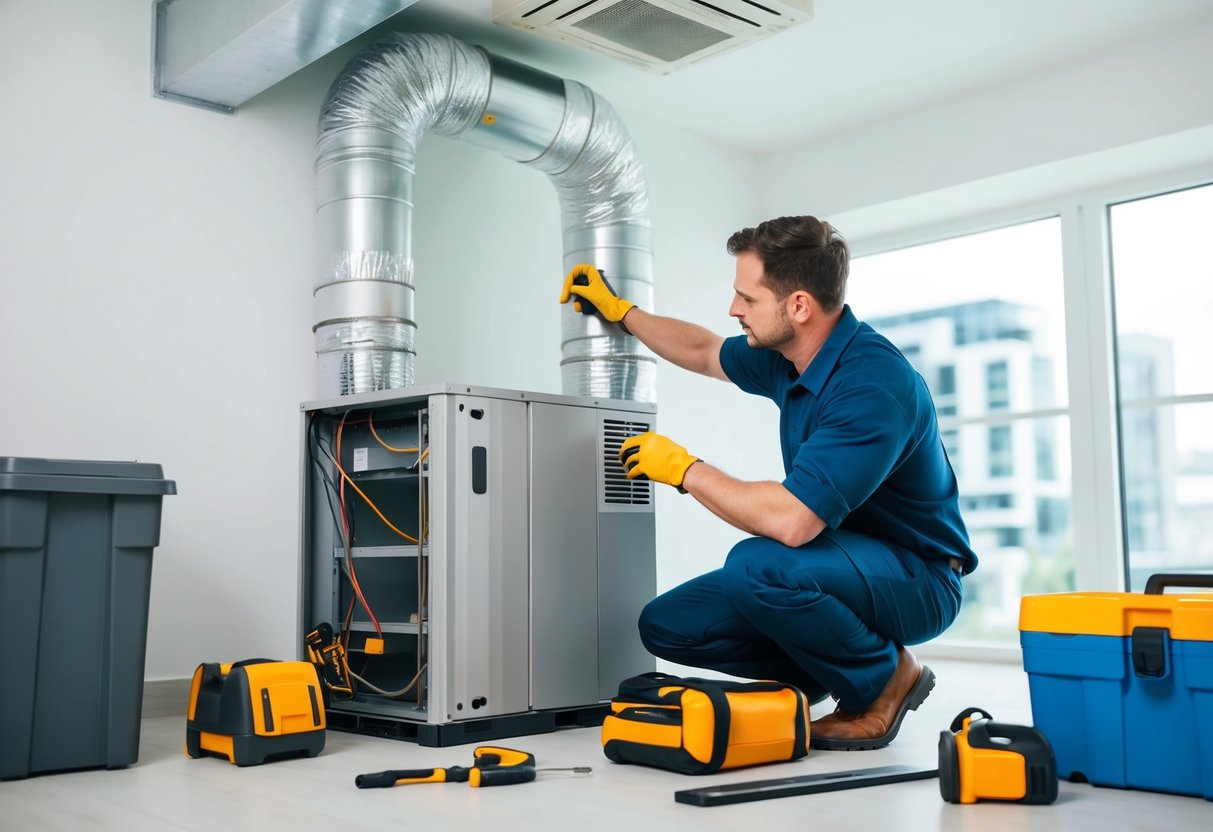 A technician installing new ductwork in a modern HVAC system, surrounded by tools and equipment in a clean, well-lit indoor environment