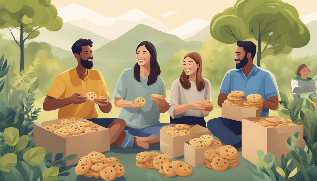 A group of happy people enjoying organic einkorn cookies in a sustainable setting, surrounded by eco-friendly packaging and ethical sourcing symbols