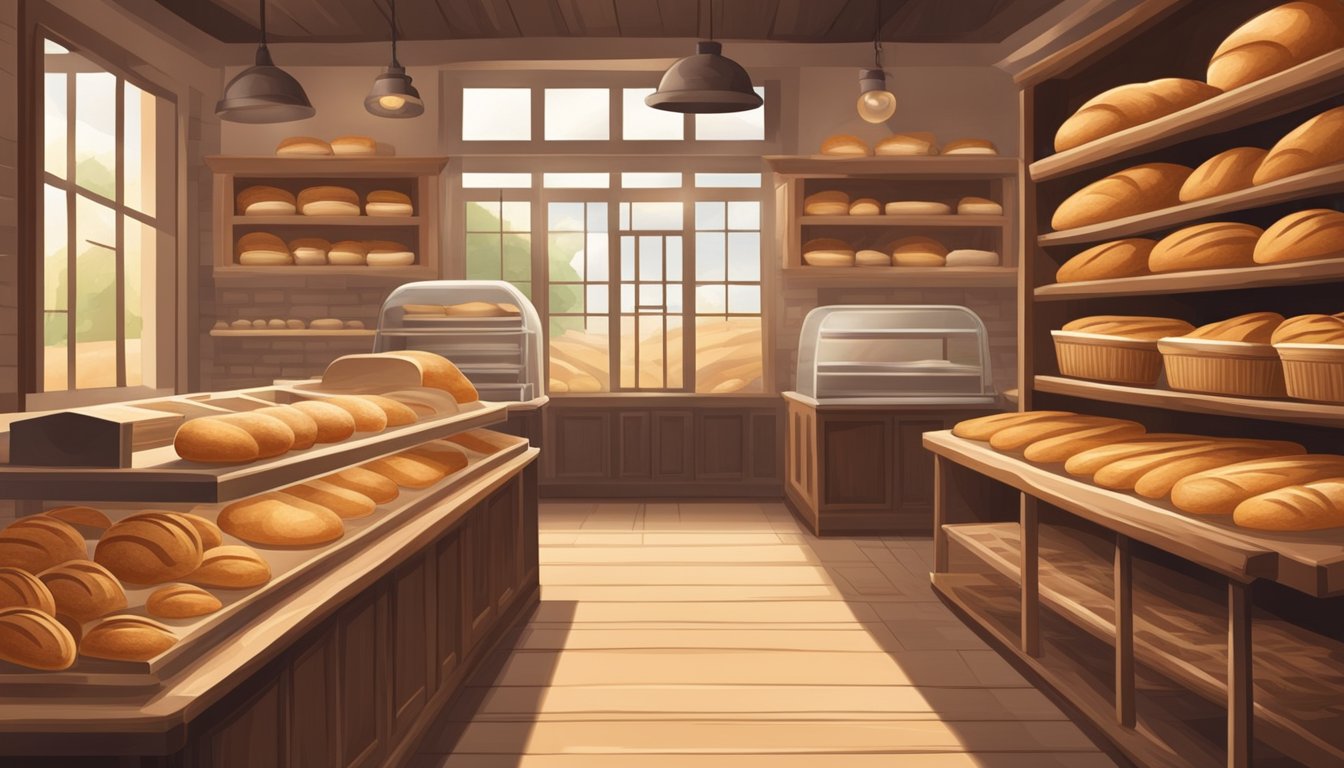 A rustic bakery with shelves of freshly baked whole wheat bread and a warm, inviting atmosphere